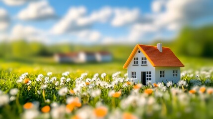 blue sky, fluffy white clouds, miniature house with yellow roof, vast green meadow, dandelion field, spring countryside, idyllic landscape, tilt-shift effect, depth of field, soft lighting.
