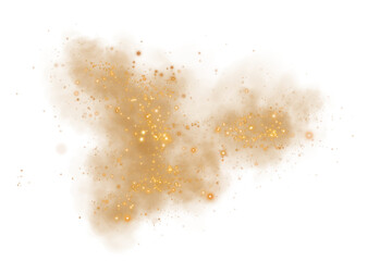 Fantastic yellow smoke background. Magic yellow smoke with glitter and small particles of twinkling stars. Fog with luminous particles. Yellow vapor with stardust. Morning fog over land or water surfa