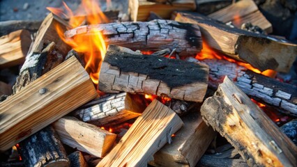 Close-up of burning logs in a bonfire with flames