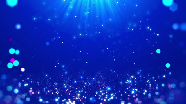 A dazzling blue background with sparkling lights and bokeh effects, featuring a radiant light source from above.