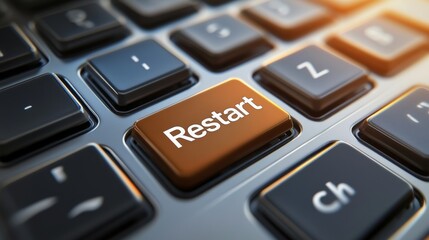 A detailed photograph of a computer keyboard with a distinctively highlighted Restart key, symbolizing the concept of rebooting or starting anew in the digital world.