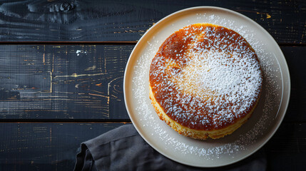 Round homemade basque burnt cheesecake sprinkled with icing sugar sitting on a plate