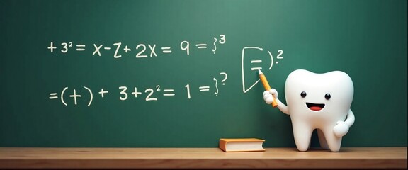 Cheerful Cartoon Tooth Teaching Math on Green Chalkboard with Copy Space