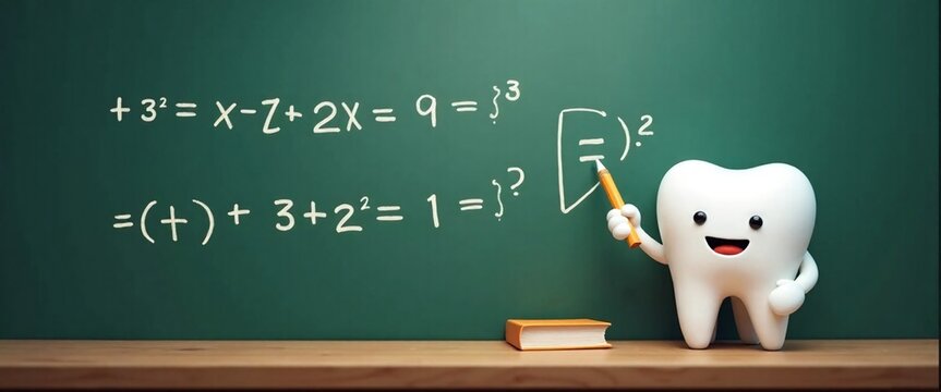 Cheerful Cartoon Tooth Teaching Math on Green Chalkboard with Copy Space