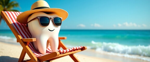Smiling Tooth Relaxing on Beach Chair Against Tropical Paradise Background