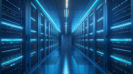 bright data center, server racks, network equipment, clean server room, high-tech infrastructure, glowing LED lights, cable management, cool blue tones, symmetrical corridor.