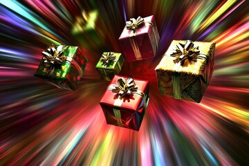 An artistic image featuring colorful wrapped presents with metallic ribbons, set against a dynamic background, evoking a festive and joyous aura, perfect for celebrations.