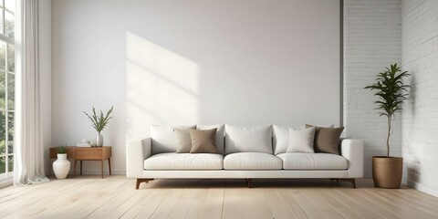 A modern, minimalist living room with a large white sofa, wooden floor, and a window with natural light streaming in.