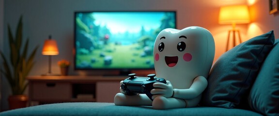 Cute animated tooth character happily playing video game in cozy living room
