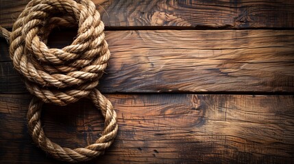 Obraz premium A close-up view of coiled natural rope placed on a rustic wooden surface. The texture of the rope contrasts with the grain of the wood, creating a warm and inviting atmosphere.