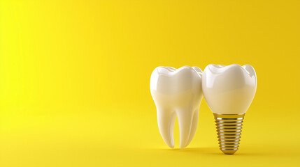 3d dental implant tooth yellow background oral health care dentistry concept medical visual bright clean minimal design copy space banner bold ad campaign orthodontic clinic service 
