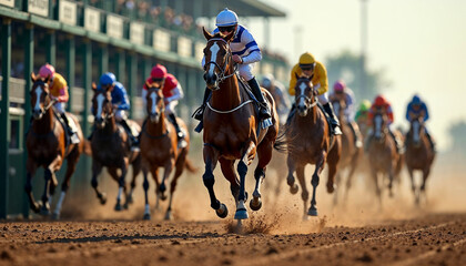 A horse race portrait from the starting gate shows the lead horse bursting out, dirt flying, and jockeys in focus, conveying excitement.	
