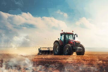 Fototapeta premium Farm worker driving tractor prepares for harvest
