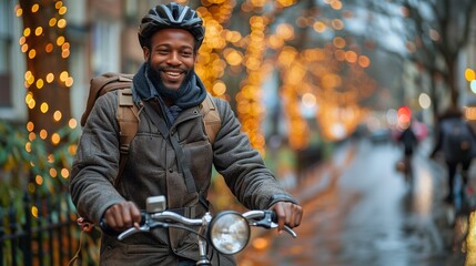 A smiling man wearing a helmet and a warm jacket rides a bicycle on a rainy street adorned with festive lights. The background features blurred lights creating a bokeh effect