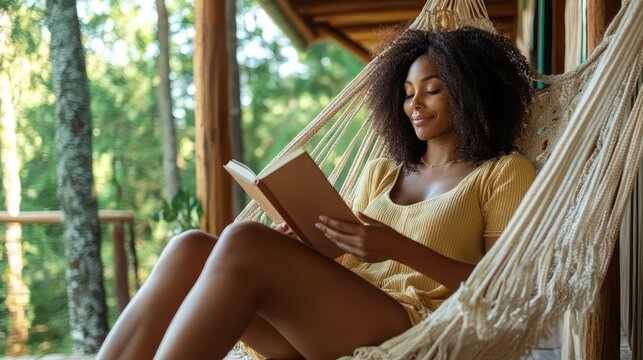 A solo African American traveler enjoys a quiet afternoon reading a book in a hammock, immersed in nature's tranquility