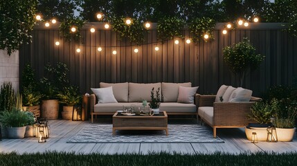 Obraz premium 17. A chic outdoor patio with a rattan sofa set, a coffee table, and a string of lights