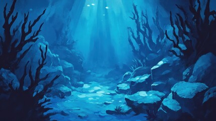 Fototapeta premium Enchanting Underwater Blue Scene Illuminated by Sunlight Beams