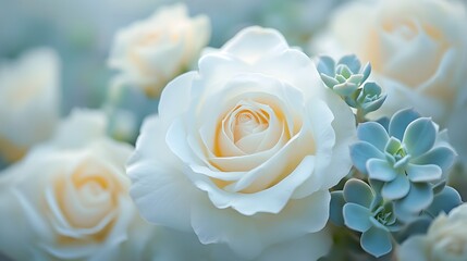 Obraz premium Bright white roses, pale blue succulents, delicate white flowers, fresh green leaves, soft focus background, high key lighting, macro photography, dreamy atmosphere, wedding bouquet.