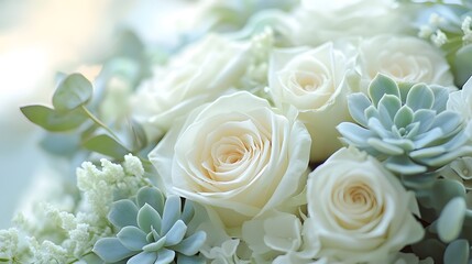 Obraz premium Bright white roses, pale blue succulents, delicate white flowers, fresh green leaves, soft focus background, high key lighting, macro photography, dreamy atmosphere, wedding bouquet.