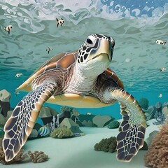 Green sea turtle swimming underwater in deep blue ocean with corals.