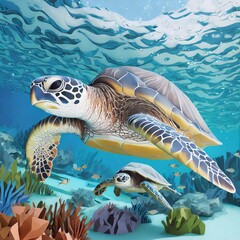 Green sea turtle swimming underwater in deep blue ocean with corals.