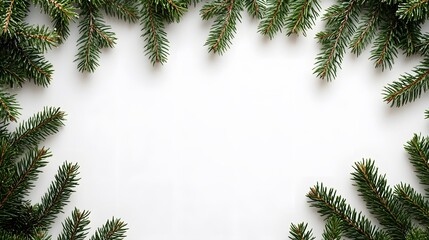 Christmas pine branches, evergreen sprigs, pure white background, copy space for text, festive border, green fir twigs, panoramic composition, minimalist holiday design.