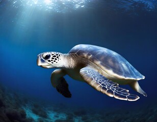Green sea turtle swimming underwater in deep blue ocean with corals.