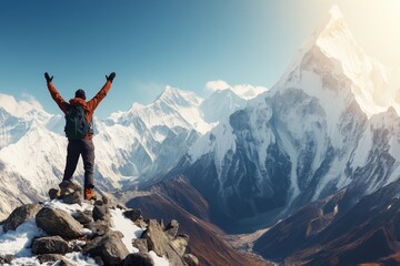 Obraz premium A hiker joyfully celebrates on a snow-capped mountain peak, raising arms in triumph, surrounded by breathtaking mountainous scenery under a clear blue sky.