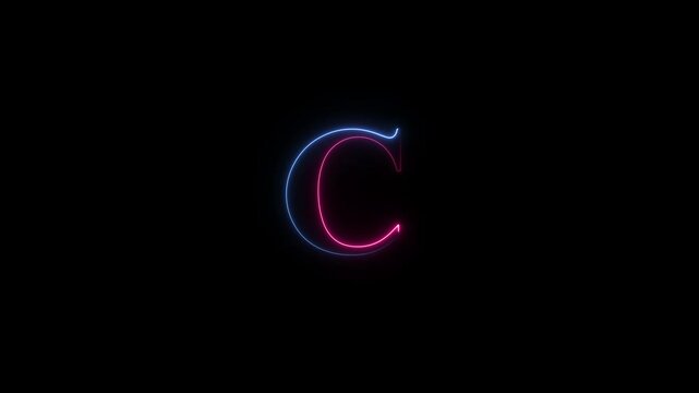 Glowing neon effect with letter C alphabet on black background. video footage. 4k animation