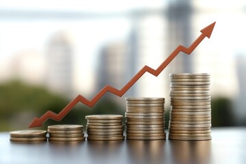 A set of rising stacks of coins of increasing height with an upward arrow, representing financial growth, investment, and economic development, set against a blurred background.