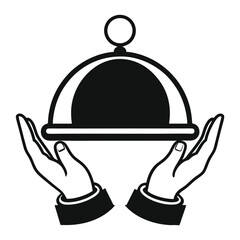 Fototapeta premium Simple vector logo of a hand holding an open platter with food, featuring smoke rising above, set against a white background