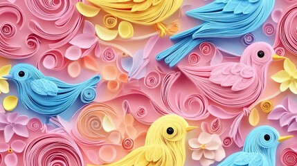 Obraz premium seamless pattern of 3D canary bird, paper quill pattern. 