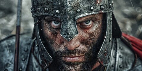 Clad in battle armor, Ares exudes power and intensity as he stares intensely into the distance, ready for the impending conflict on the war-torn landscape