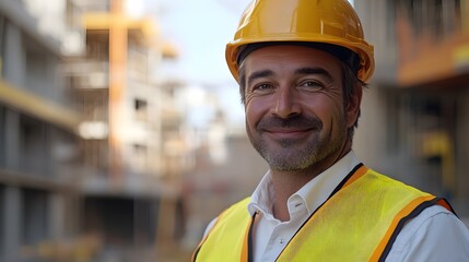 Construction worker, yellow safety helmet, high-visibility vest, smiling confidently, construction site background, professional portrait, outdoor setting, blurred industrial backdrop.