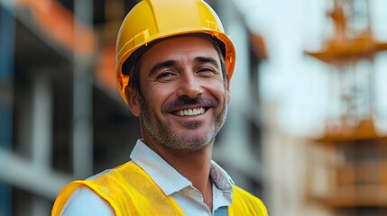 Construction worker, yellow safety helmet, high-visibility vest, smiling confidently, construction site background, professional portrait, outdoor setting, blurred industrial backdrop.
