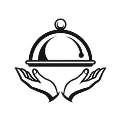 Fototapeta premium Simple vector logo of a hand holding an open platter with food, featuring smoke rising above, set against a white background