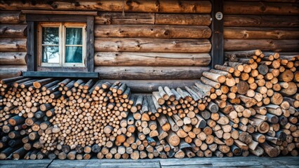 Stacked Logs In Front of a Wooden Cabin