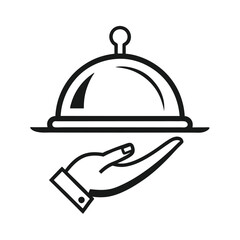 Fototapeta premium Simple vector logo of a hand holding an open platter with food, featuring smoke rising above, set against a white background