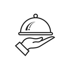 Fototapeta premium Simple vector logo of a hand holding an open platter with food, featuring smoke rising above, set against a white background