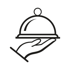 Fototapeta premium Simple vector logo of a hand holding an open platter with food, featuring smoke rising above, set against a white background