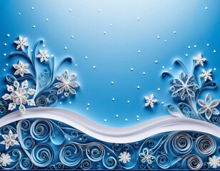Close-up of a paper quilling artwork depicting a winter scene. The artwork features white paper curls arranged to form a snowy landscape with trees and a decorative arch of snowflakes. Copy space. AI