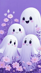 Obraz premium Cute white ghost-like characters with pastel flowers in abstract background, graphic design, halloween illustration wallpaper 