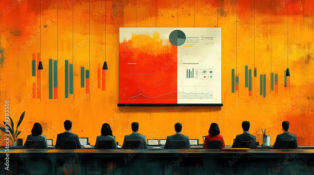 Sticker minimalist illustration of a performance review meeting with charts and graphs, [review session], [s