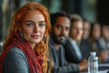 Redhead Team. Young redhead woman smiling, diverse business team meeti