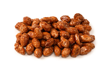 Tasty sweet roasted peanuts isolated on a white background.