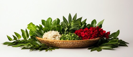 vegetarian ritual during festival, plant-based offerings arranged ceremoniously, serene atmosphere, isolated on white background