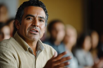 A middle-aged man of Hispanic descent speaking passionately at a community meeting, with attentive listeners in the background, representing advocacy for affirmative action policies.