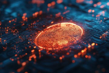 Fingerprint surrounded by digital shields, symbolizing security