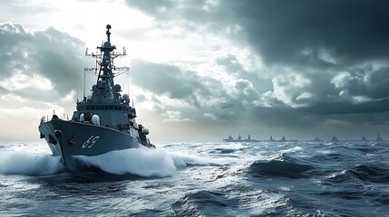 A warship cutting through choppy waters with a cloudy sky overhead.