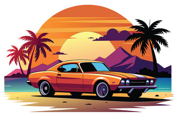 Artwork of a flat graphic design for a T-shirt featuring a car